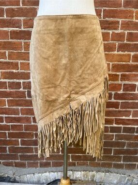 Le Chateau Tan Asymmetrical Suede Fringe Skirt